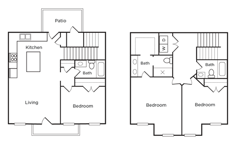 A floor plan of a house with two bedrooms, a living room, a kitchen, and a patio.